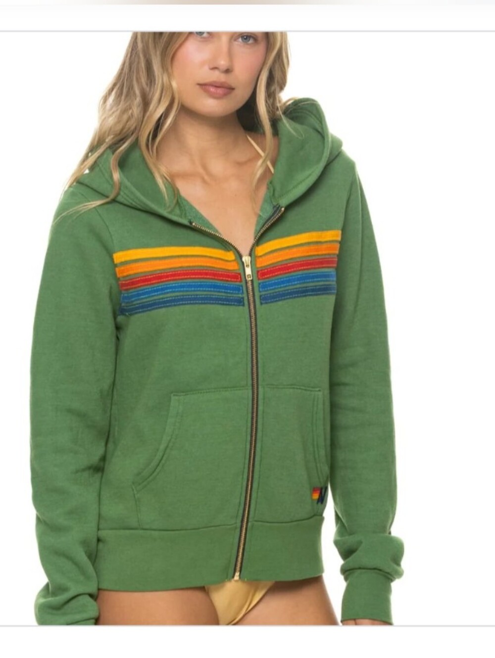 Aviator Nation Green Zip-Up Hoodie with Rainbow Stripe Detail